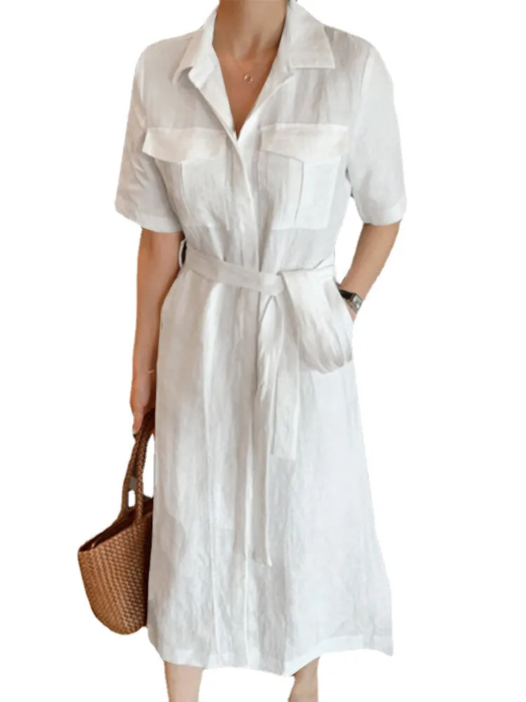 100% Cotton Side Pockets Lace-up Summer Holiday Dress For Women