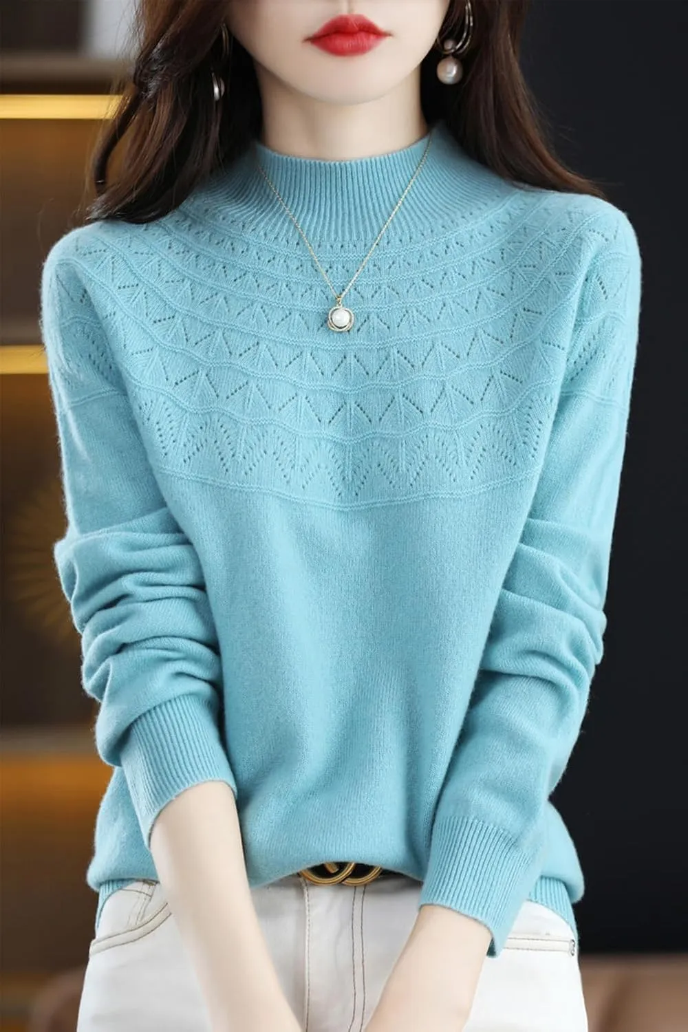 100% Merino Wool Sweaters Women's Fall Winter Warm Soft Knitted Loose Pullover Turtleneck Long Sleeves