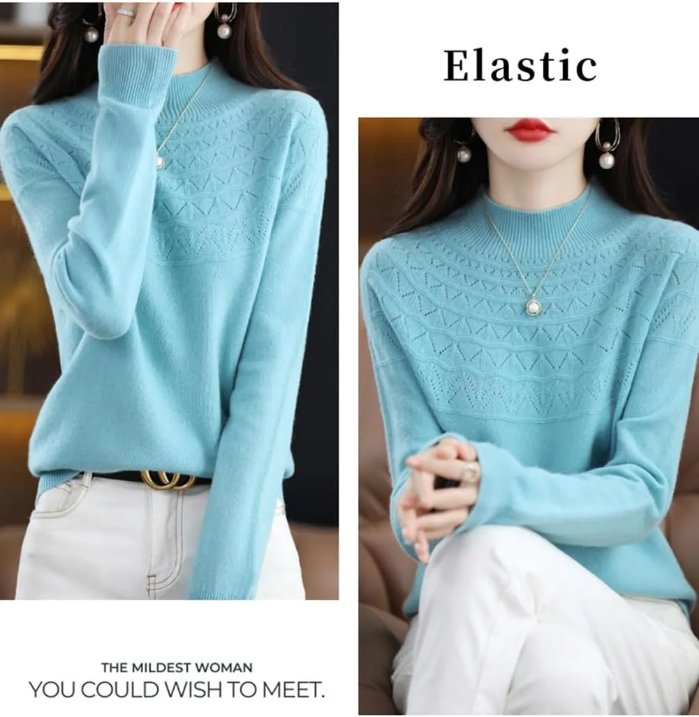 100% Merino Wool Sweaters Women's Fall Winter Warm Soft Knitted Loose Pullover Turtleneck Long Sleeves