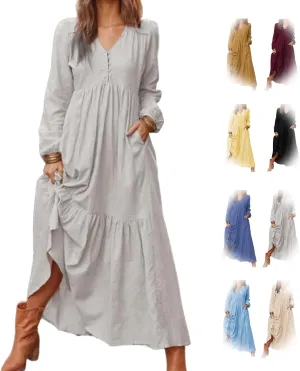 2025 Women's Linen Maxi Dress with Pockets-Long Sleeve V-Neck Button Front Beach Dress for Summer