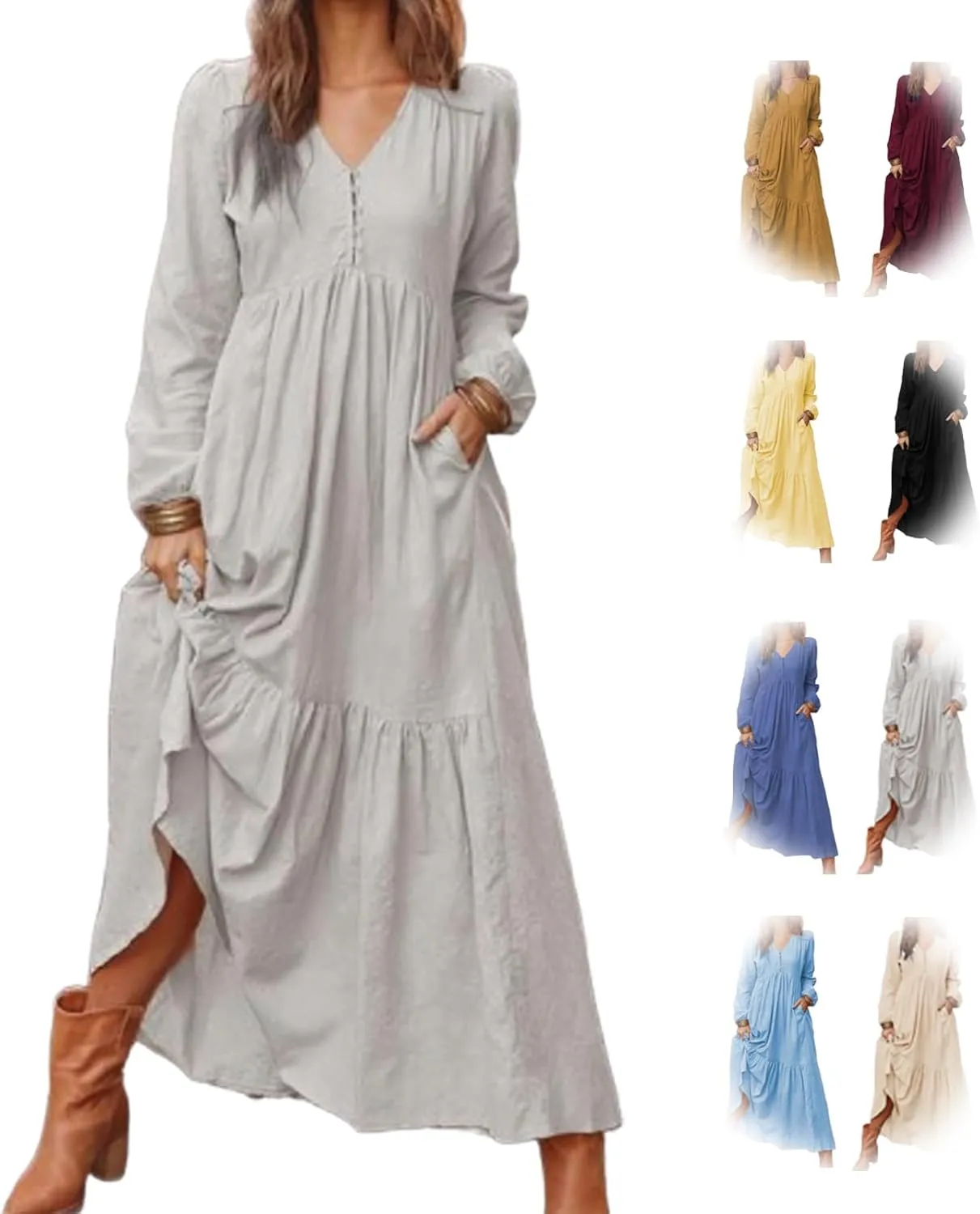 2025 Women's Linen Maxi Dress with Pockets-Long Sleeve V-Neck Button Front Beach Dress for Summer