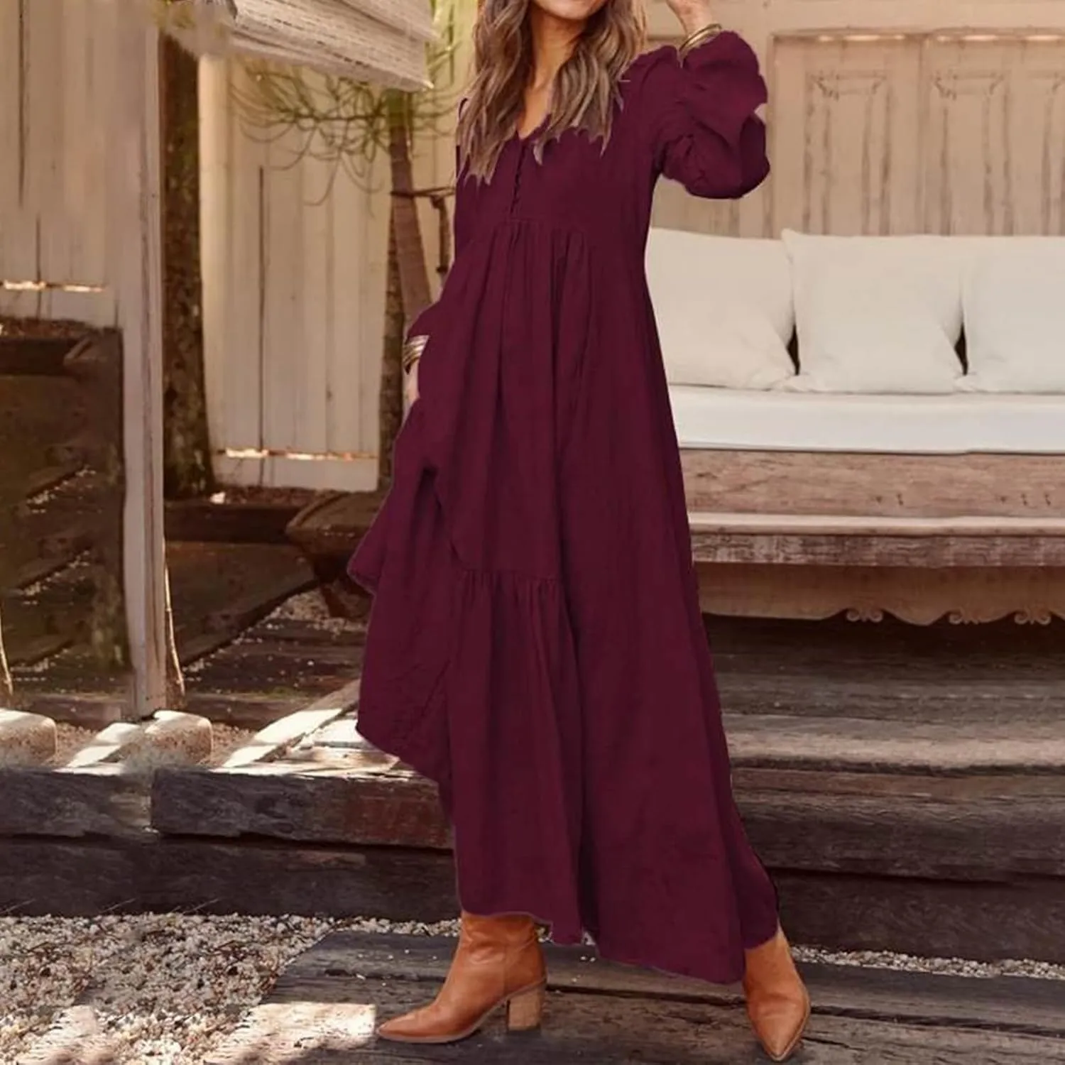 2025 Women's Linen Maxi Dress with Pockets-Long Sleeve V-Neck Button Front Beach Dress for Summer