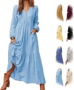 2025 Women's Linen Maxi Dress with Pockets-Long Sleeve V-Neck Button Front Beach Dress for Summer