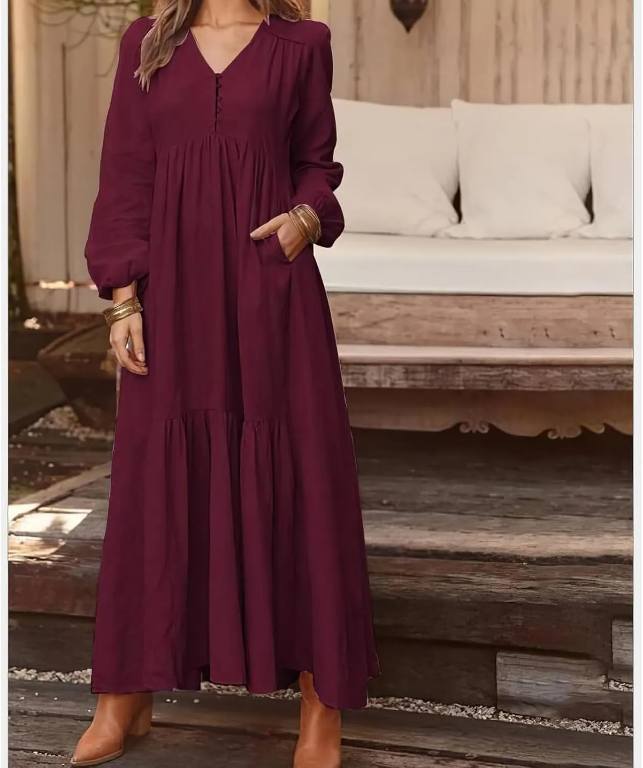 2025 Women's Linen Maxi Dress with Pockets-Long Sleeve V-Neck Button Front Beach Dress for Summer