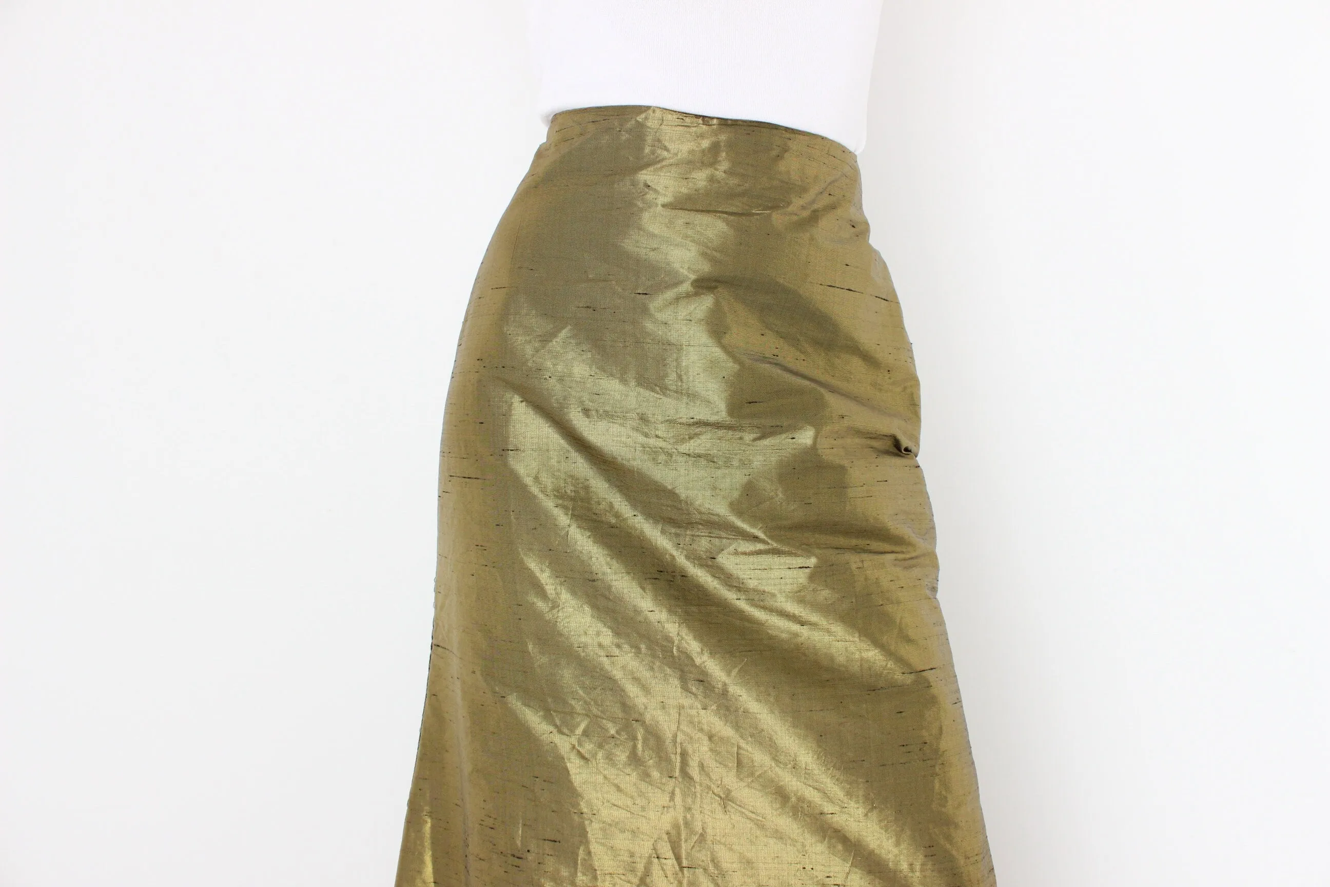 80s Raw Silk Metallic High Waist Trumpet Hem Skirt