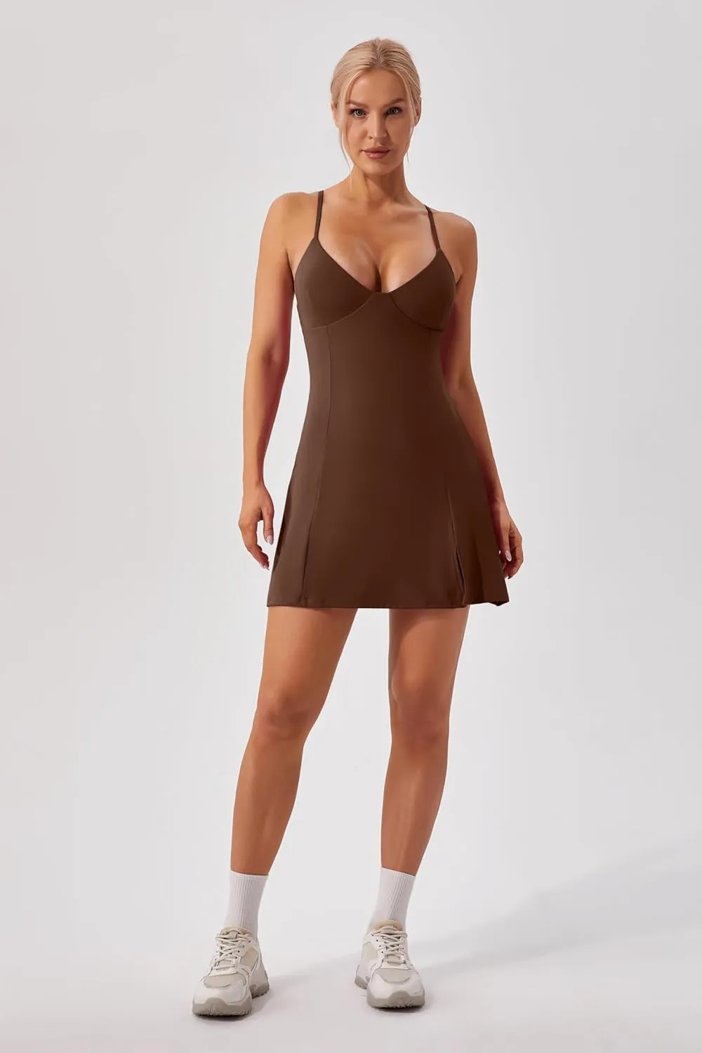 ABOCIW Womens V Neck Spaghetti Strap Tennis Dress with Shorts Workout Side Slit Active Golf Dresses
