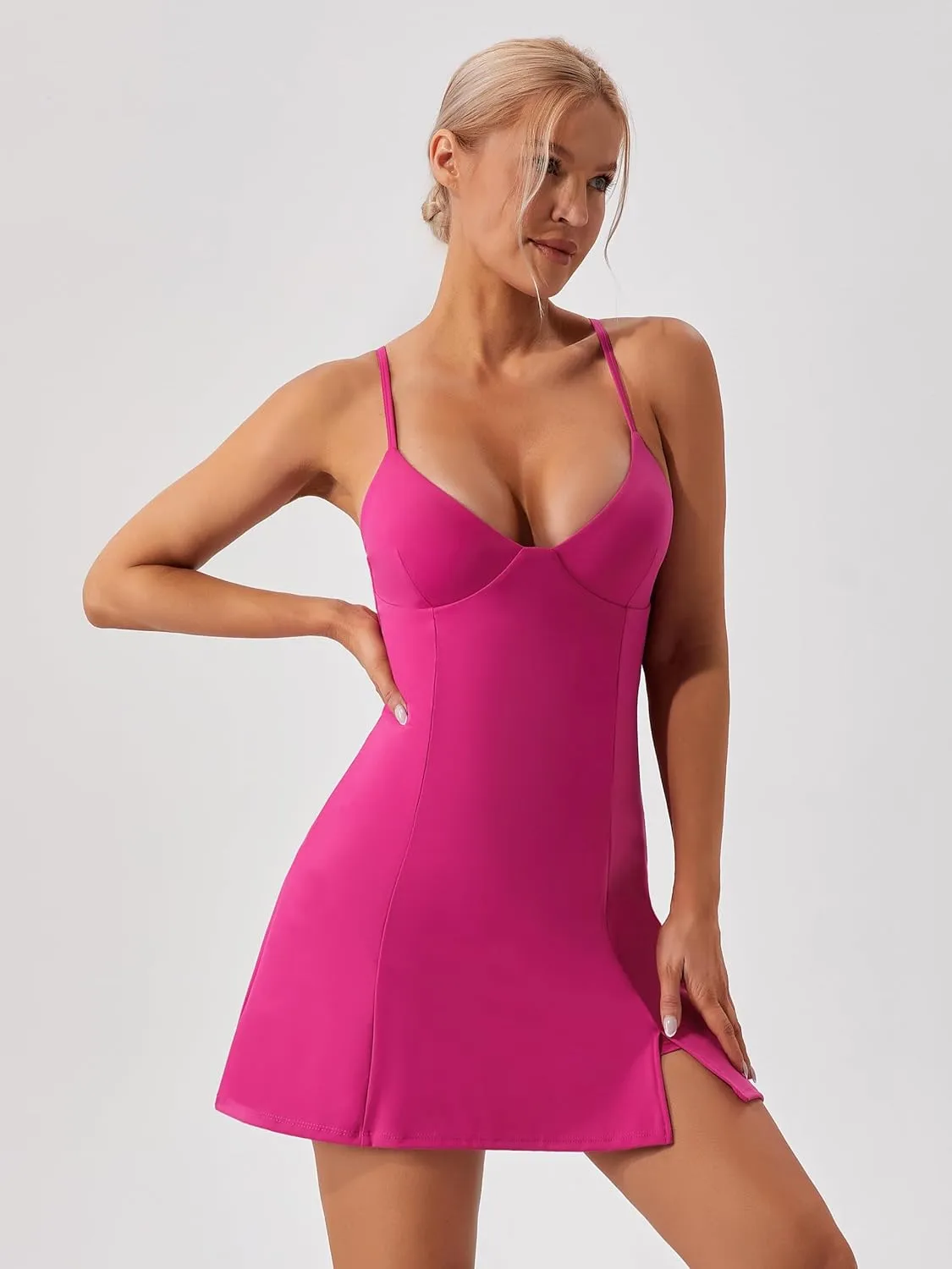 ABOCIW Womens V Neck Spaghetti Strap Tennis Dress with Shorts Workout Side Slit Active Golf Dresses