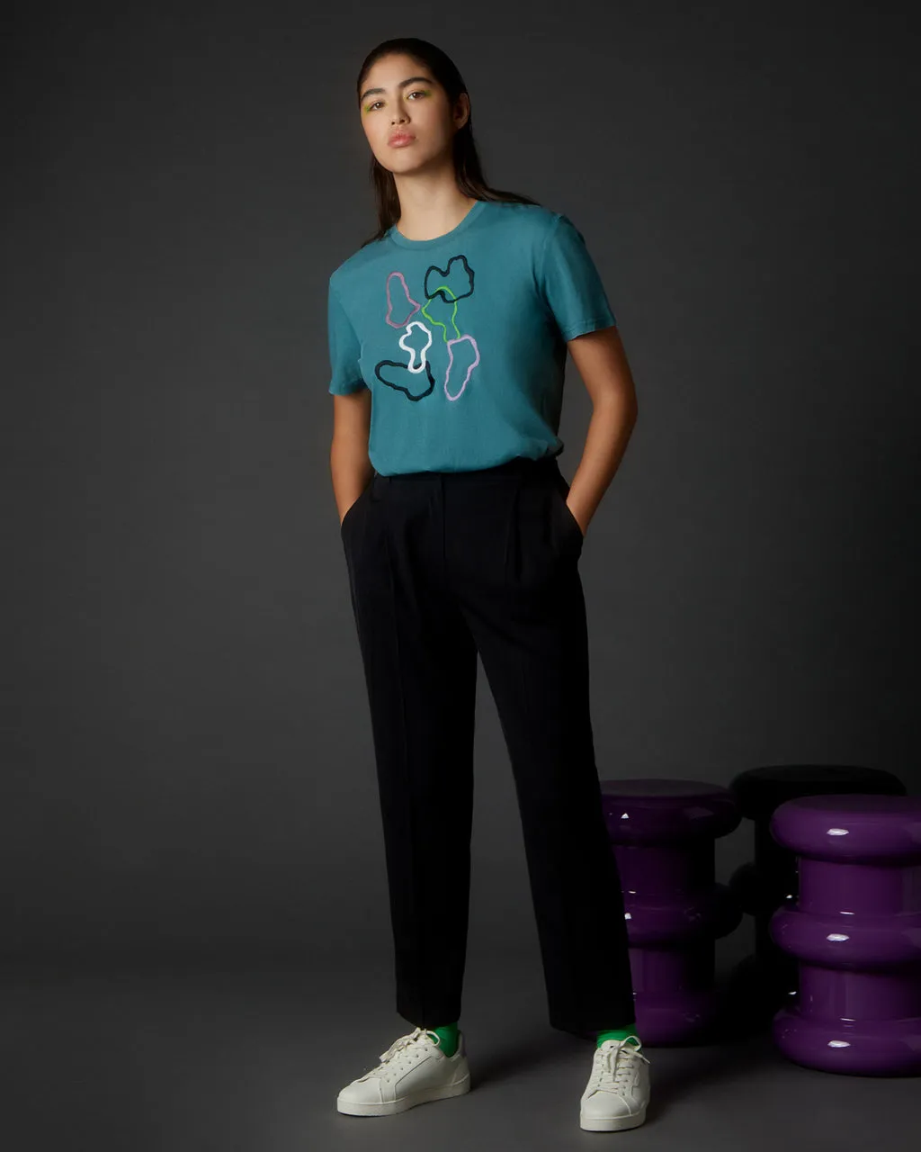 Abstract Embroidered Organic Cotton T-Shirt Teal