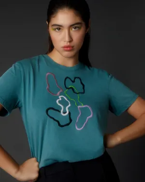 Abstract Embroidered Organic Cotton T-Shirt Teal