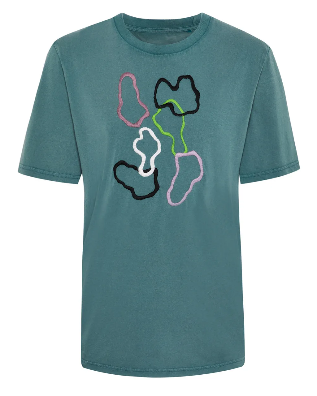 Abstract Embroidered Organic Cotton T-Shirt Teal