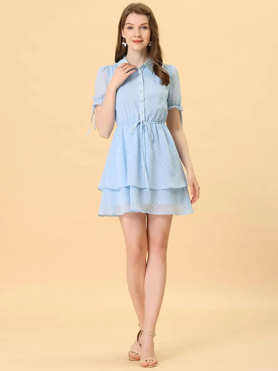 Allegra K Women's Peter Pan Collar Floral Drawstring Chiffon Layered Dress