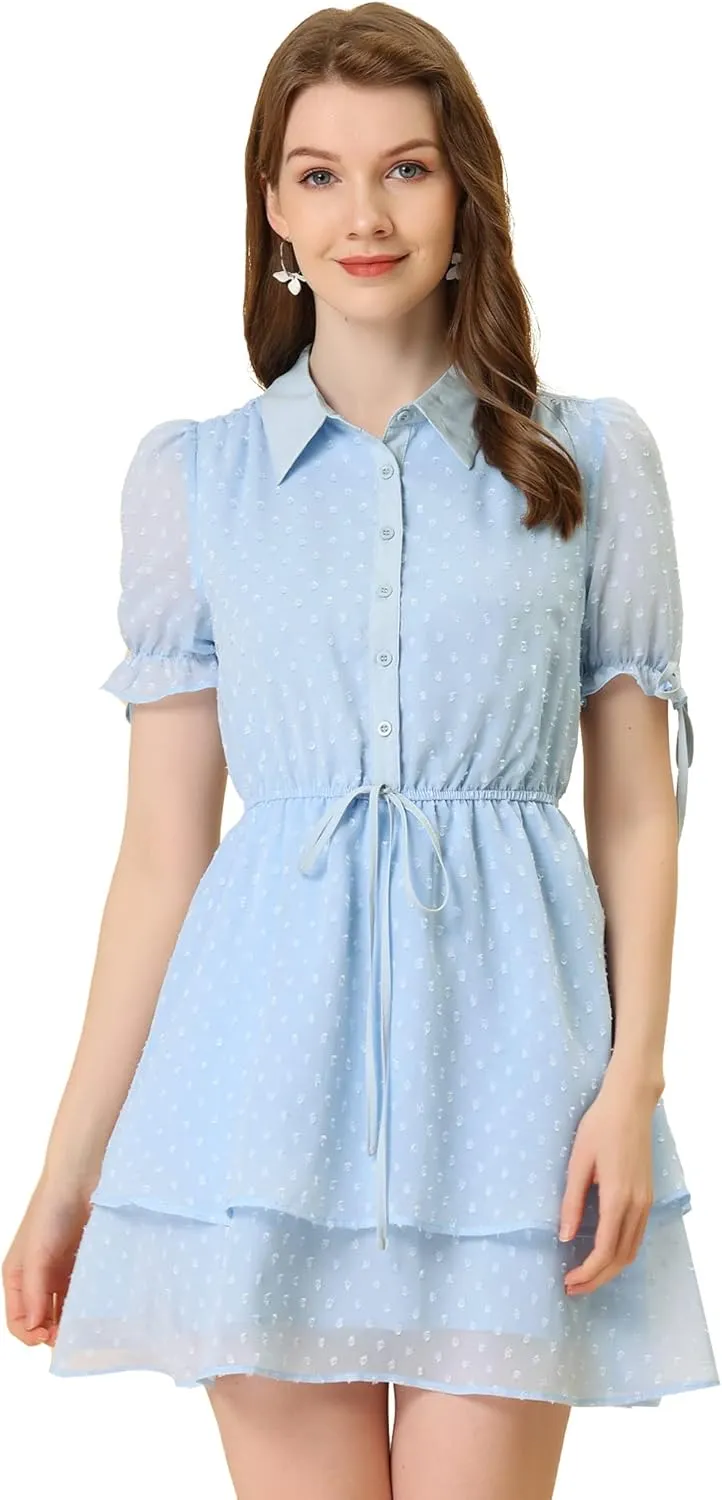 Allegra K Women's Peter Pan Collar Floral Drawstring Chiffon Layered Dress