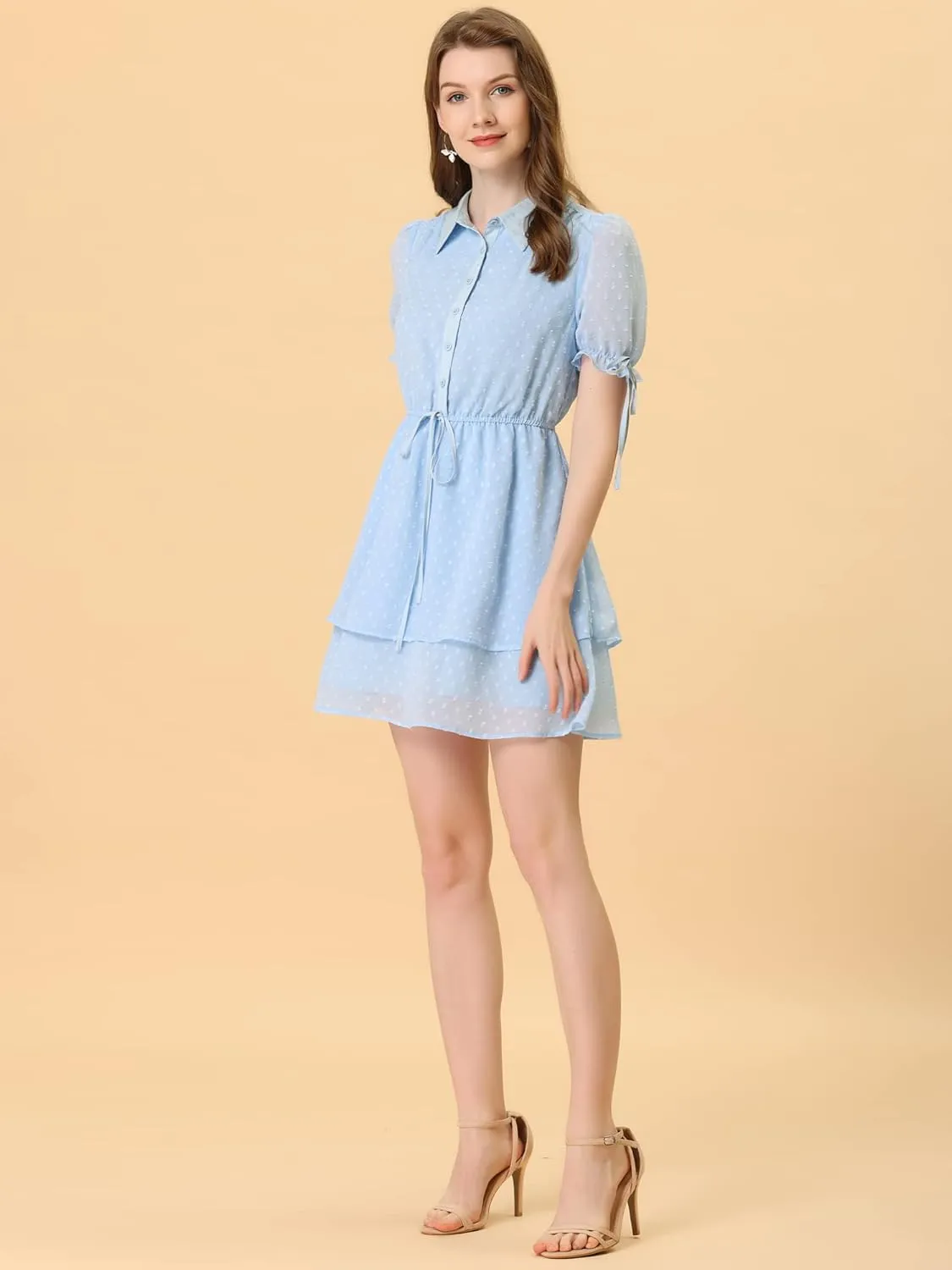 Allegra K Women's Peter Pan Collar Floral Drawstring Chiffon Layered Dress