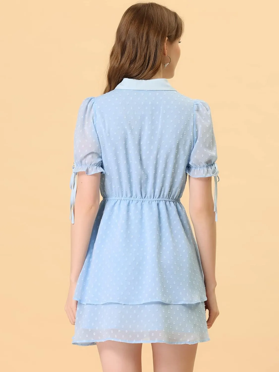 Allegra K Women's Peter Pan Collar Floral Drawstring Chiffon Layered Dress