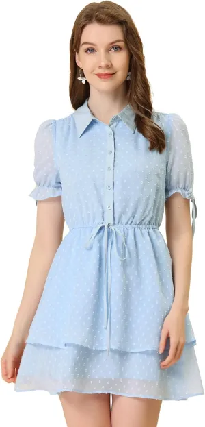 Allegra K Women's Peter Pan Collar Floral Drawstring Chiffon Layered Dress