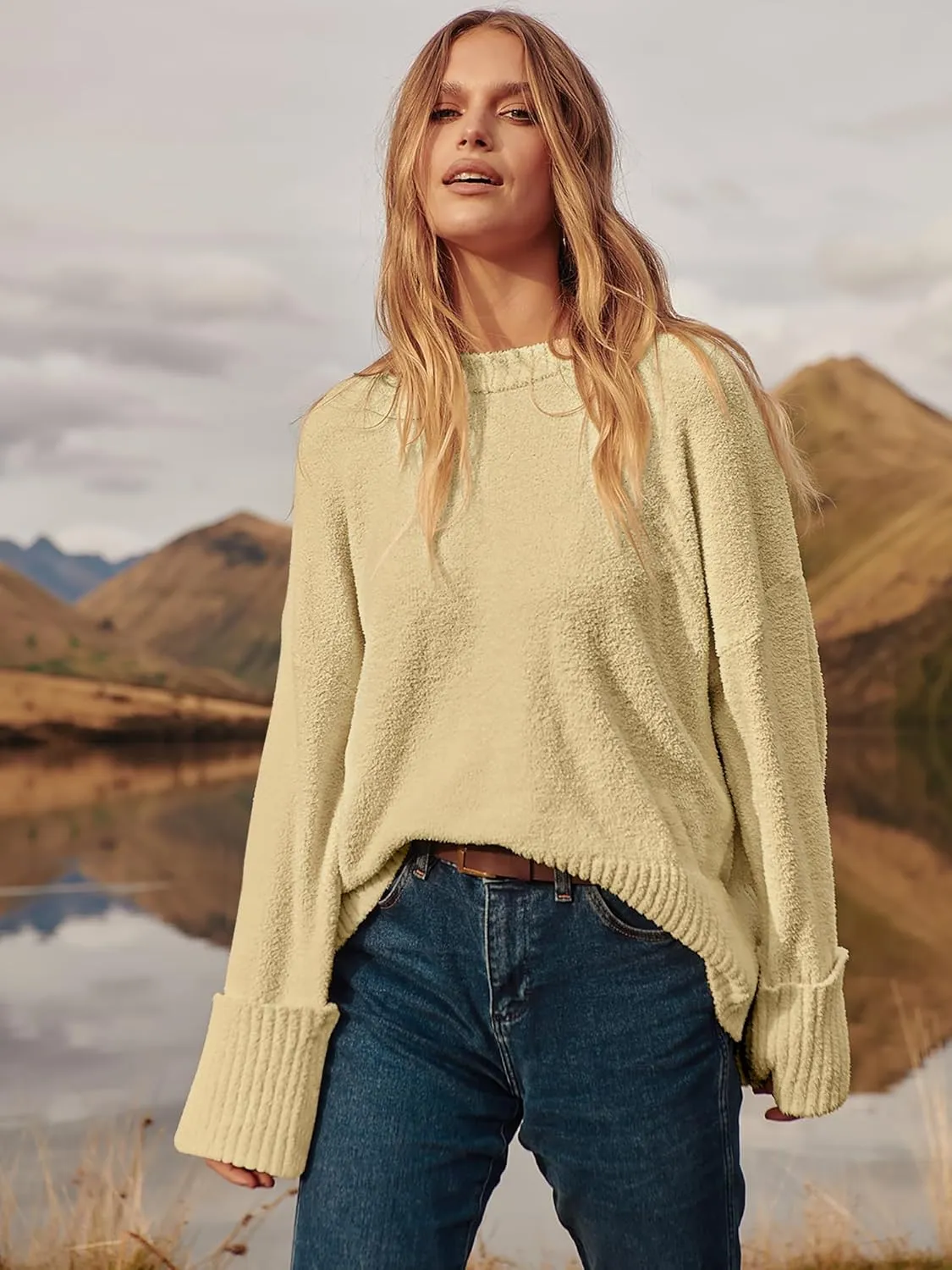 ANRABESS Women's Oversized Crewneck Long Sleeve Fuzzy Knit Casual Chunky Warm 2025 Fall Pullover Sweaters Top Trendy Outfits