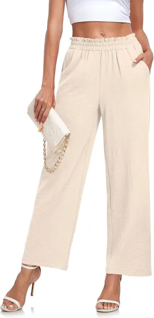 Anydeer Women Pants Loose Wide Leg Trousers Straight Casual Dressy Palazzo Ruffle High Waist Slacks with Pockets