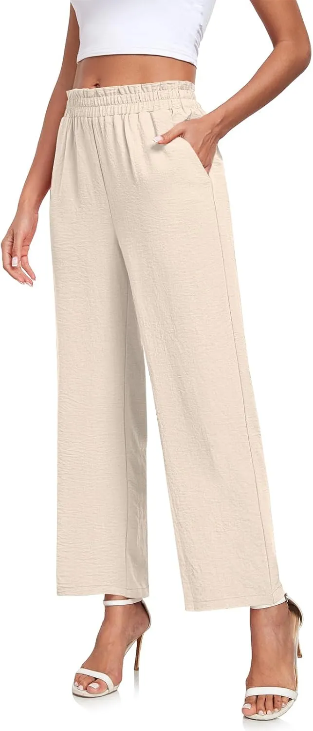 Anydeer Women Pants Loose Wide Leg Trousers Straight Casual Dressy Palazzo Ruffle High Waist Slacks with Pockets