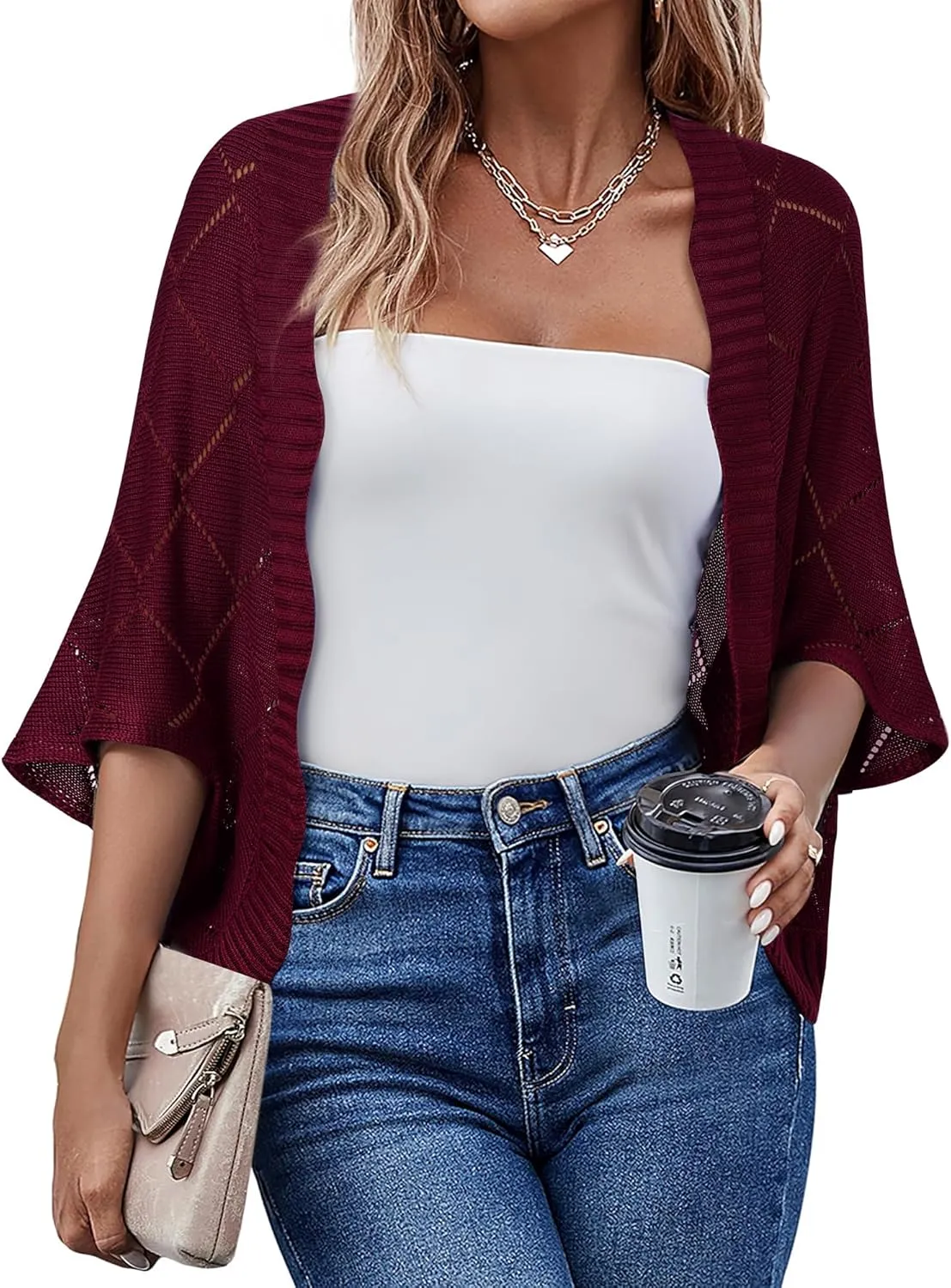Bebonnie Women's Batwing Sleeve Open Front Cardigan Shrugs Crochet Hollow Out Sweaters for Dresses