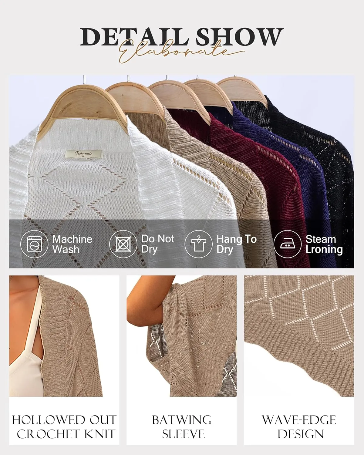 Bebonnie Women's Batwing Sleeve Open Front Cardigan Shrugs Crochet Hollow Out Sweaters for Dresses