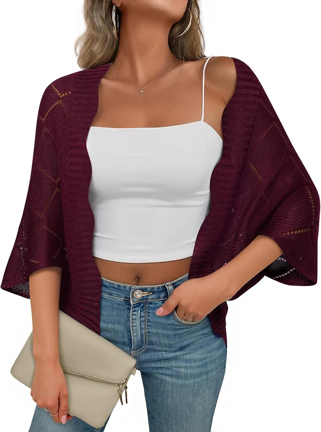 Bebonnie Women's Batwing Sleeve Open Front Cardigan Shrugs Crochet Hollow Out Sweaters for Dresses