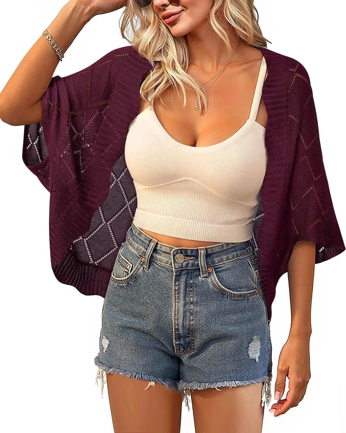 Bebonnie Women's Batwing Sleeve Open Front Cardigan Shrugs Crochet Hollow Out Sweaters for Dresses