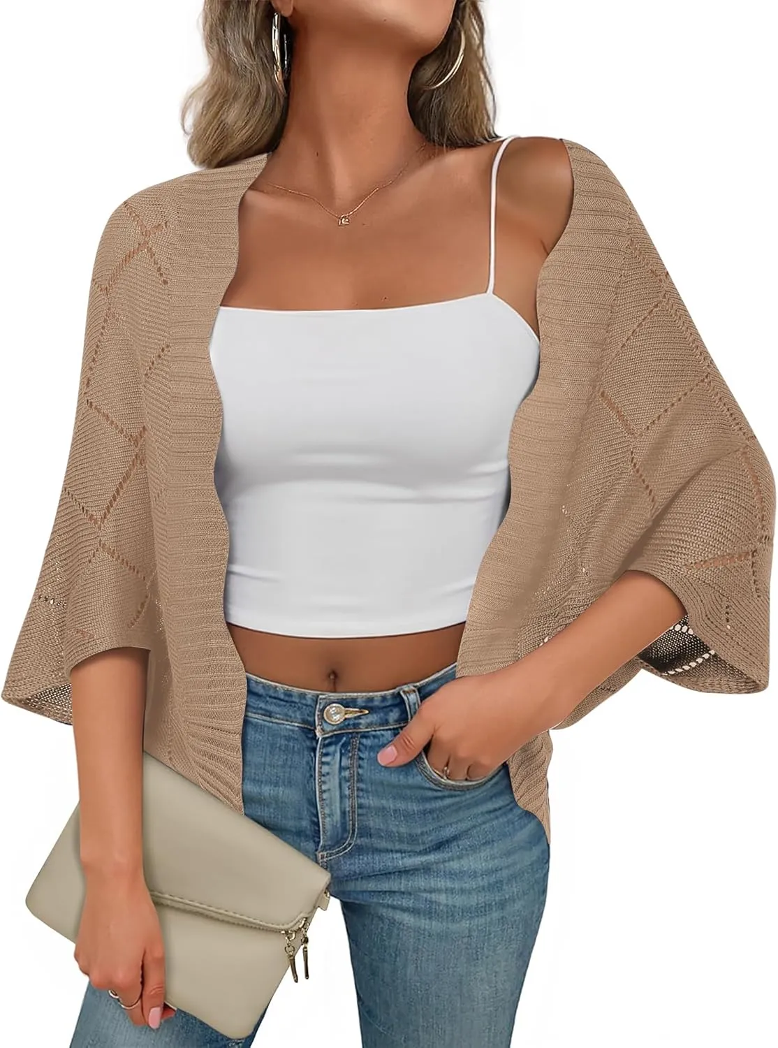 Bebonnie Women's Batwing Sleeve Open Front Cardigan Shrugs Crochet Hollow Out Sweaters for Dresses