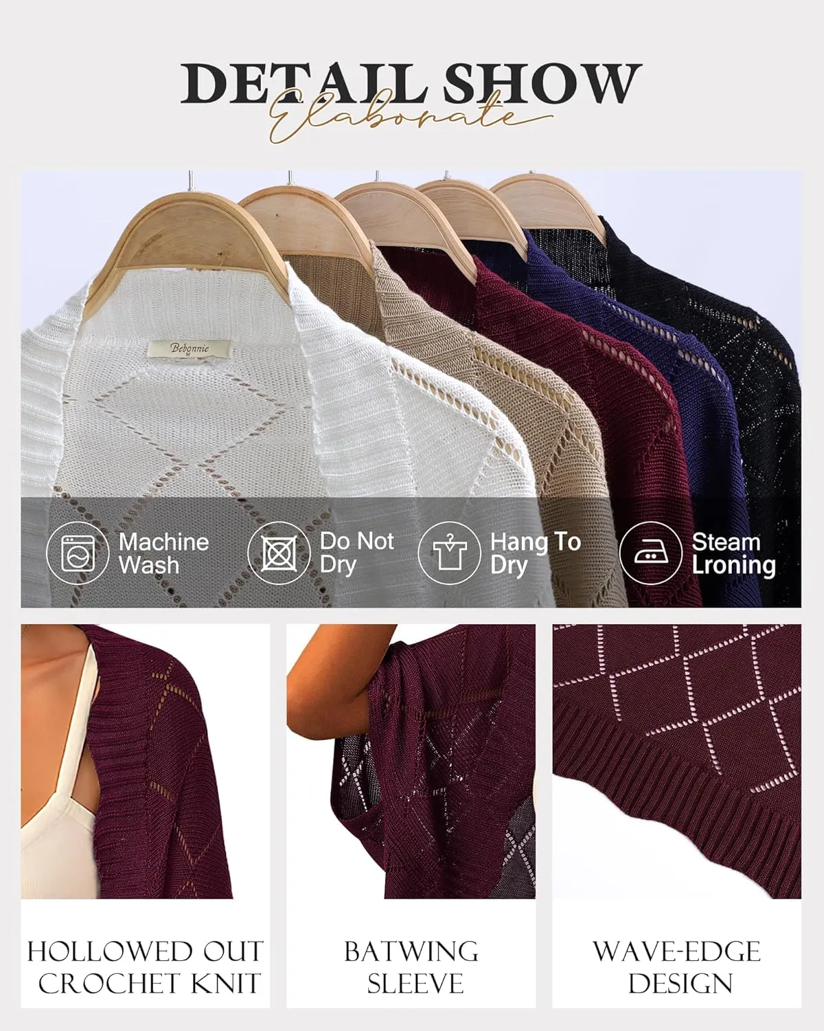Bebonnie Women's Batwing Sleeve Open Front Cardigan Shrugs Crochet Hollow Out Sweaters for Dresses