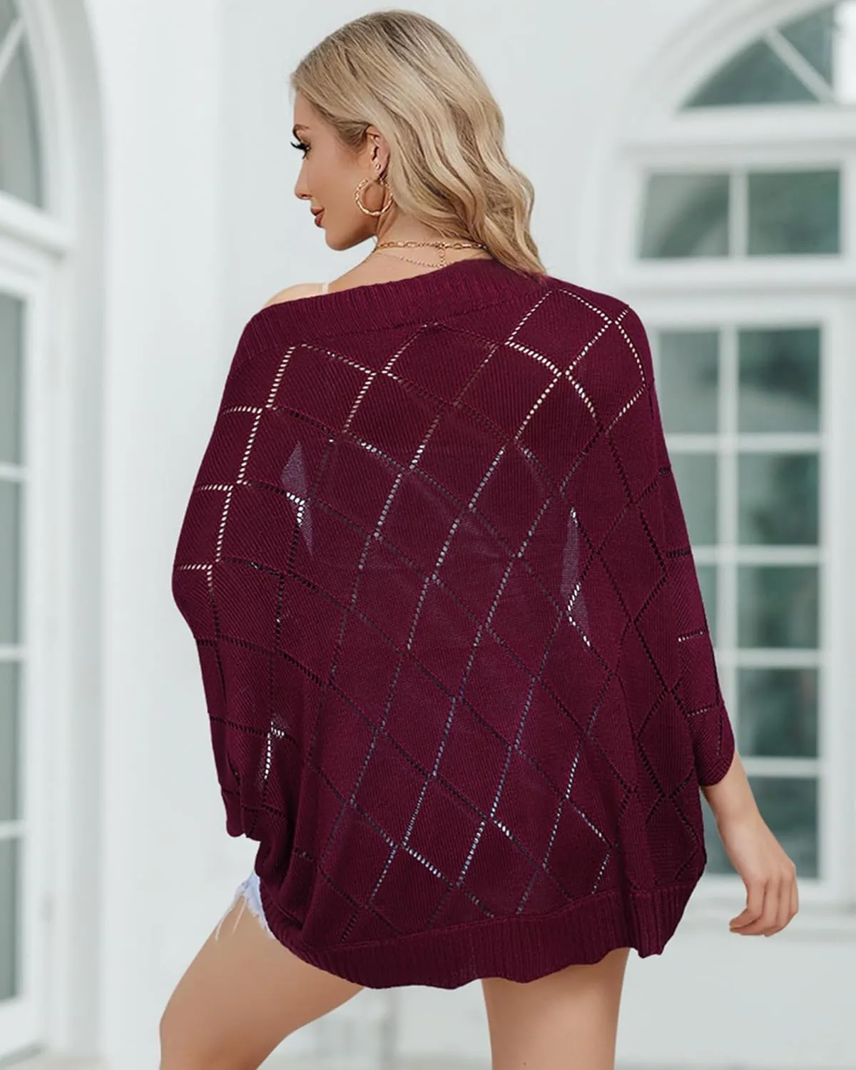 Bebonnie Women's Batwing Sleeve Open Front Cardigan Shrugs Crochet Hollow Out Sweaters for Dresses