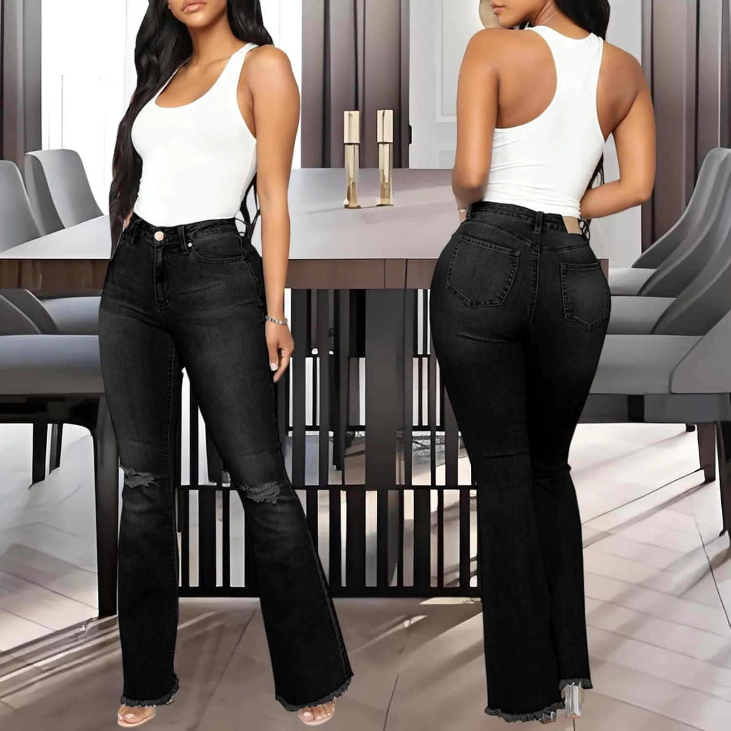 Bell Bottom Jeans for Women Skinny Flared Jeans Elastic High Waisted Vintage 70s Classic Stretchy Wide Leg Denim Pants