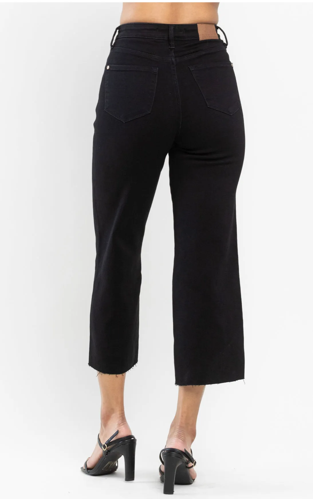 Black HW Tummy Control Wide Leg Crop Jeans