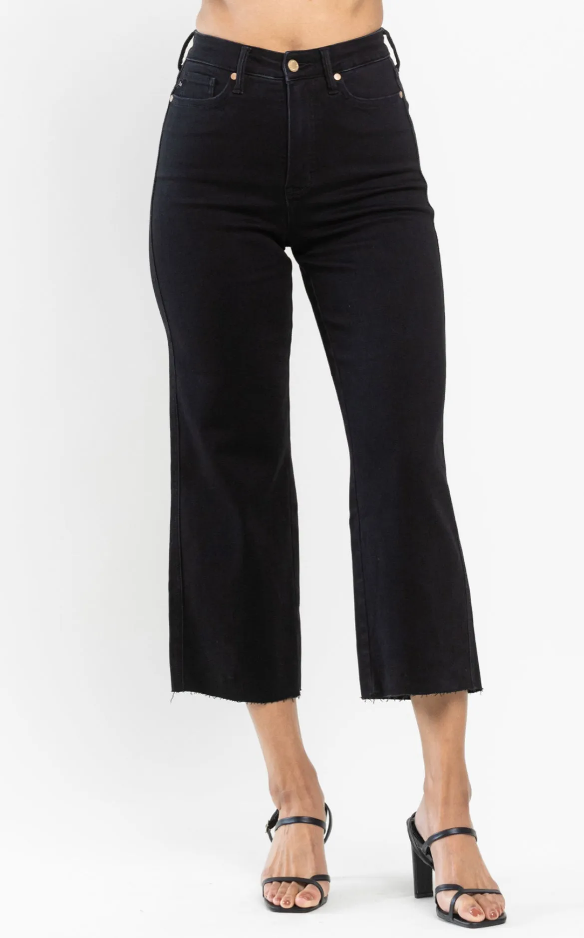 Black HW Tummy Control Wide Leg Crop Jeans