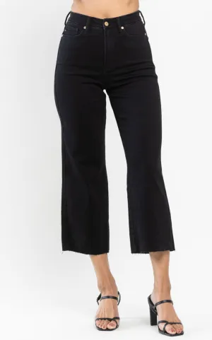 Black HW Tummy Control Wide Leg Crop Jeans