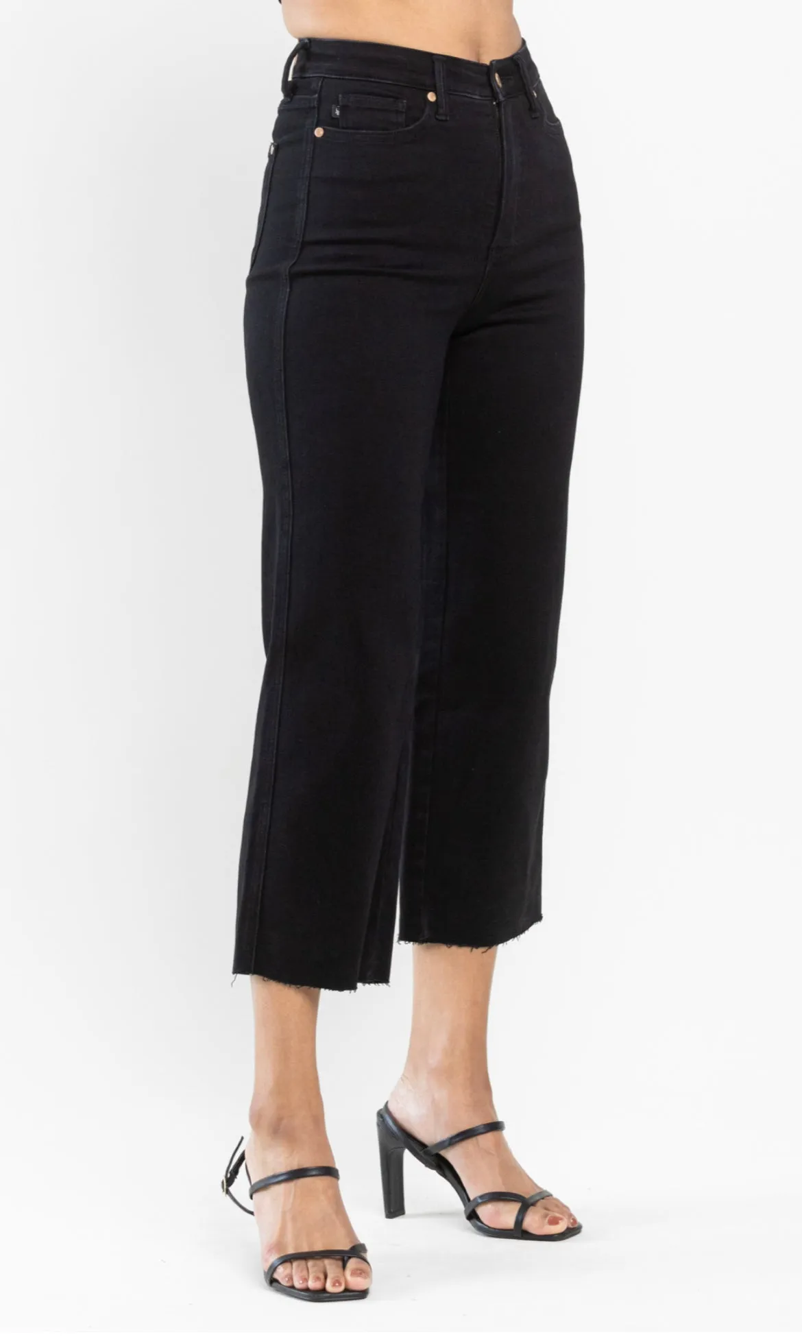 Black HW Tummy Control Wide Leg Crop Jeans