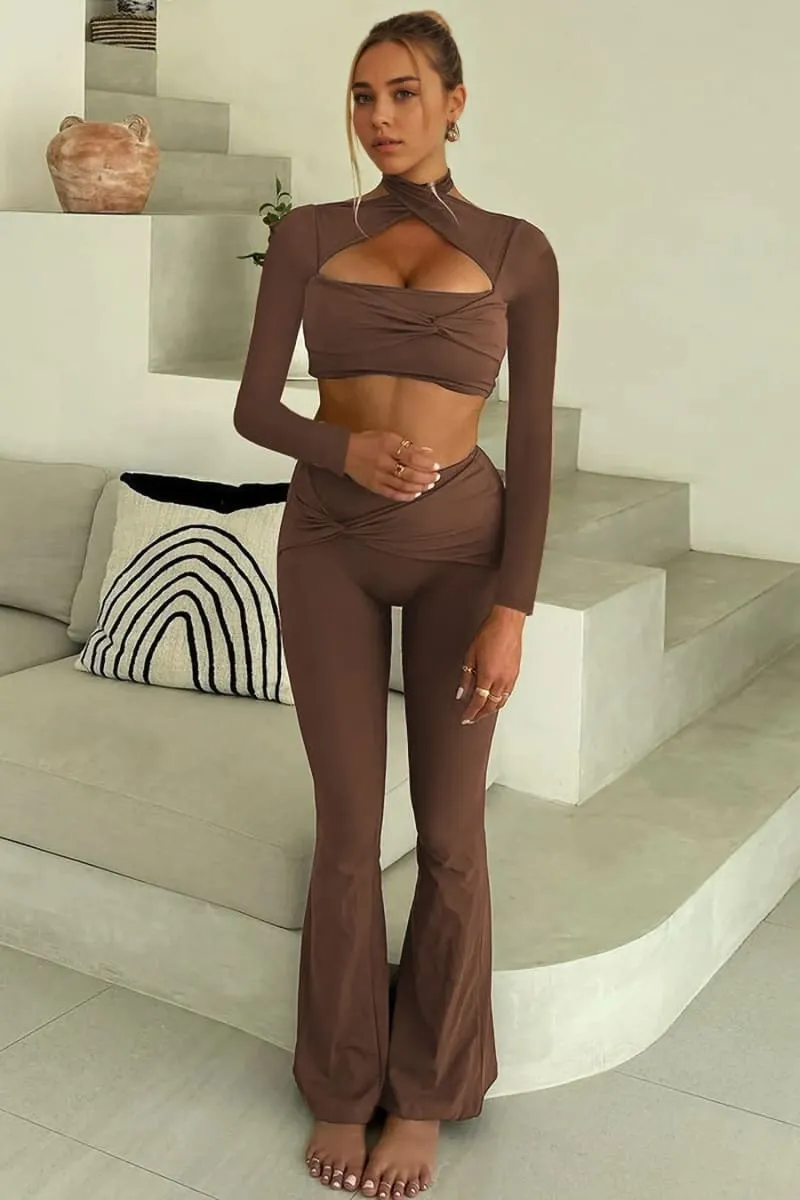 Brown Long Sleeve Twisted Cutout Two Piece Flare Pants Set