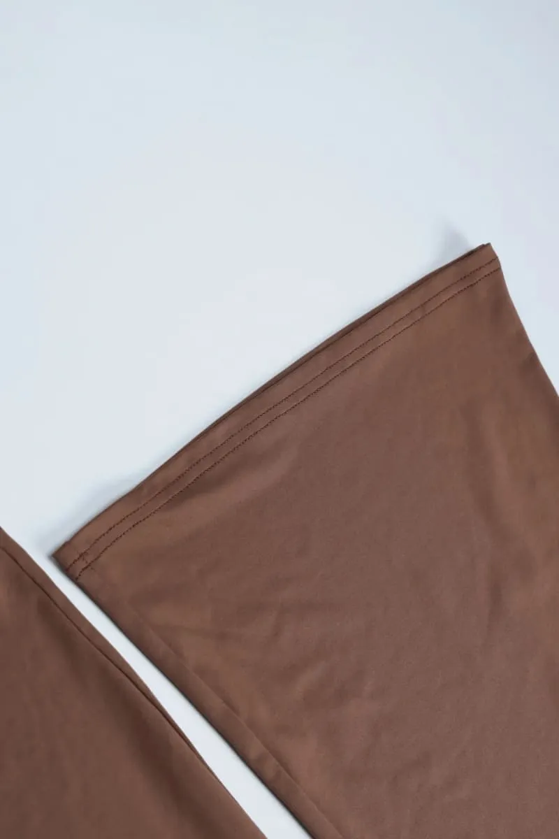 Brown Long Sleeve Twisted Cutout Two Piece Flare Pants Set
