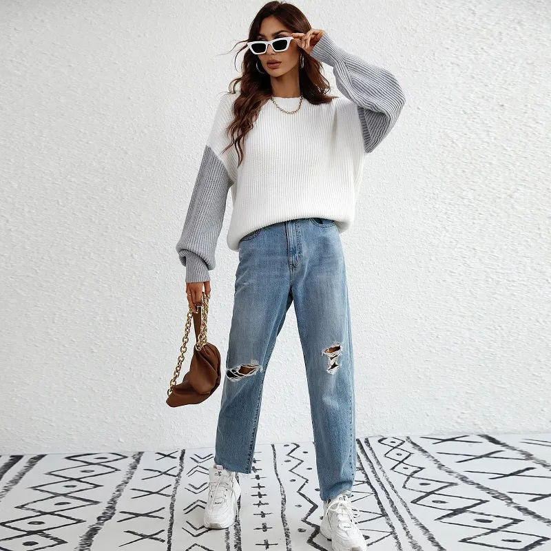 Color Block Crew Neck Balloon Sleeve Knit Jumper Sweater
