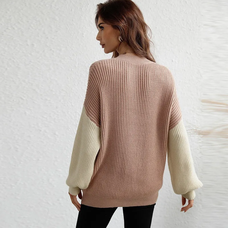 Color Block Crew Neck Balloon Sleeve Knit Jumper Sweater