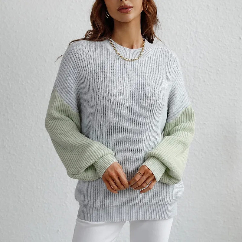 Color Block Crew Neck Balloon Sleeve Knit Jumper Sweater