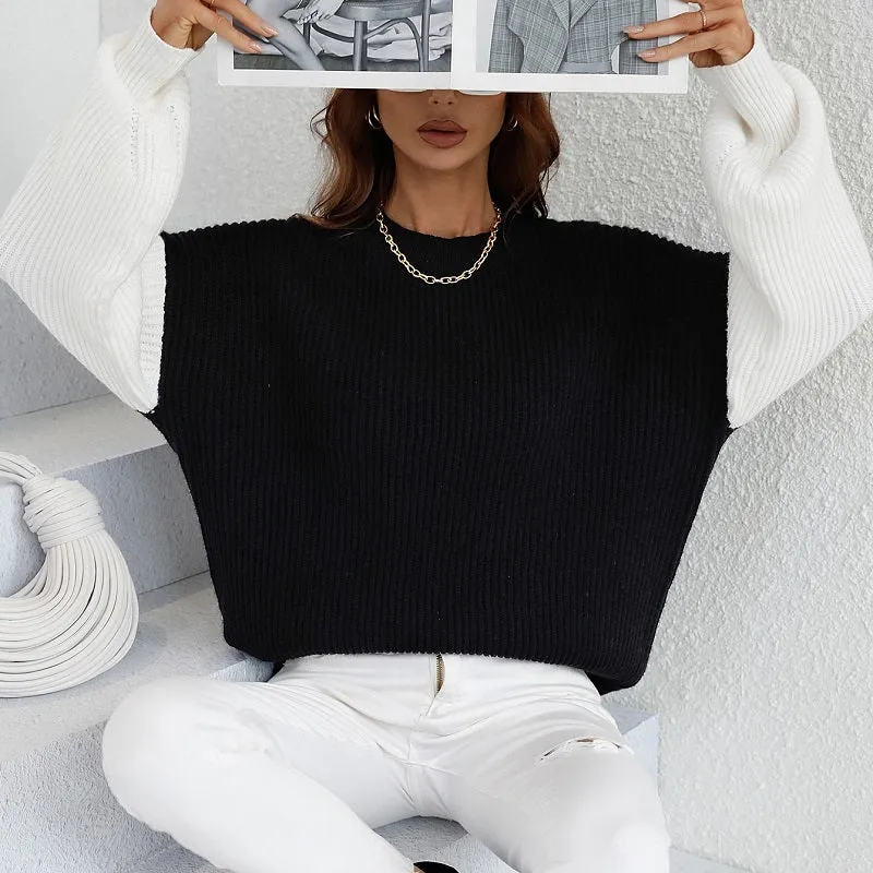 Color Block Crew Neck Balloon Sleeve Knit Jumper Sweater