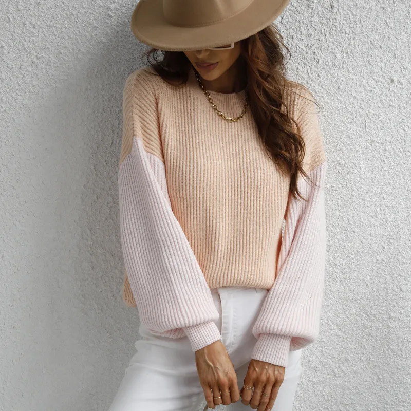 Color Block Crew Neck Balloon Sleeve Knit Jumper Sweater