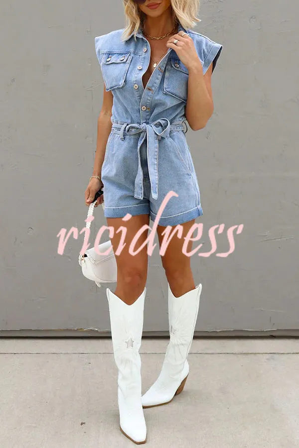 District Utility Denim Button Up Pocket Belted Romper
