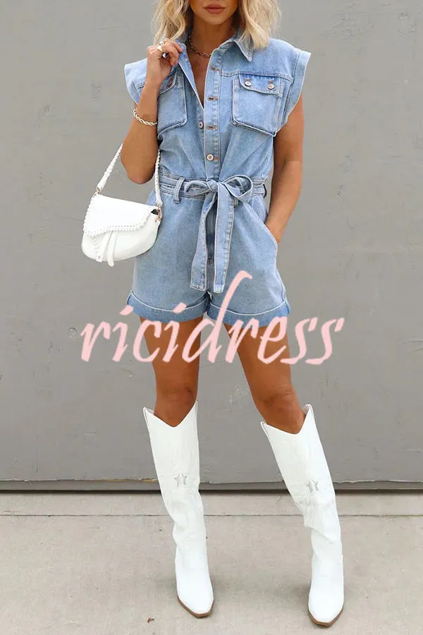 District Utility Denim Button Up Pocket Belted Romper