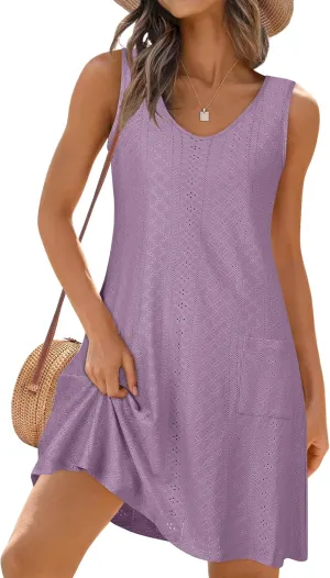 elescat Sundresses for Women Summer Beach V Neck Sleeveless Dress Swimsuit Coverup with Pockets