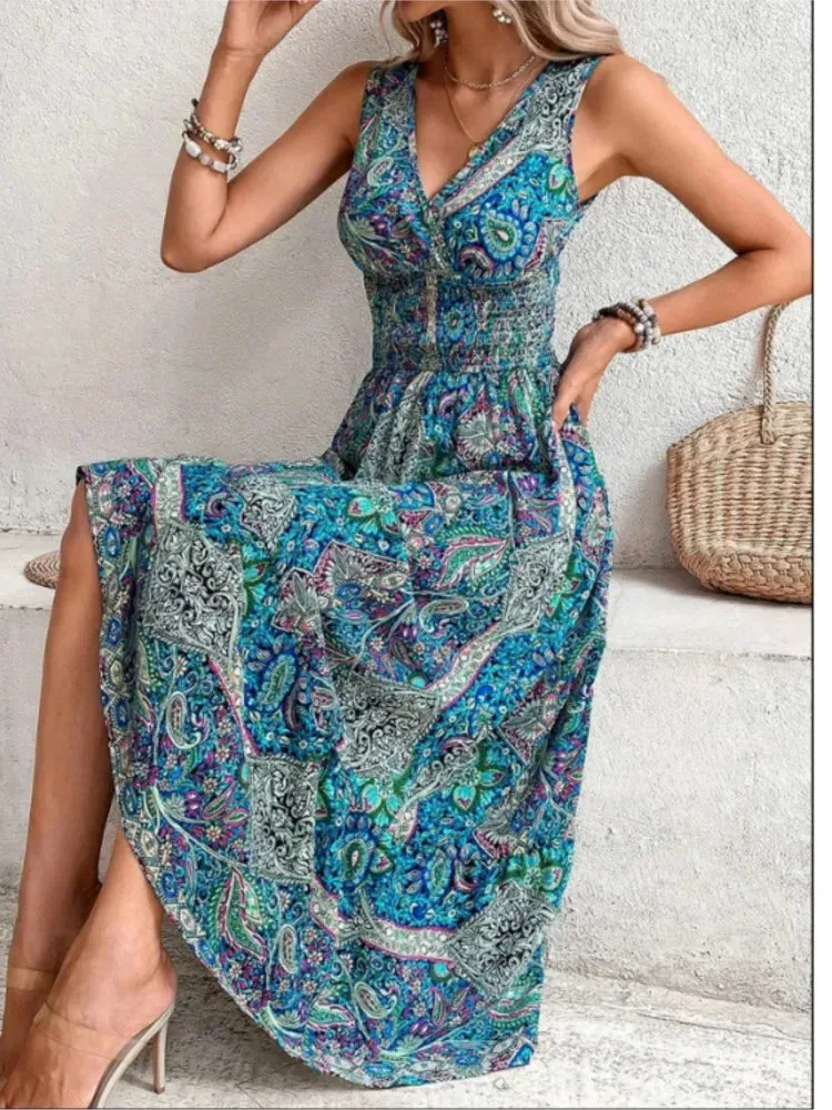 FashionSierra - 2024 Fashion Sleeveless Print Beach Casual Boho Dress