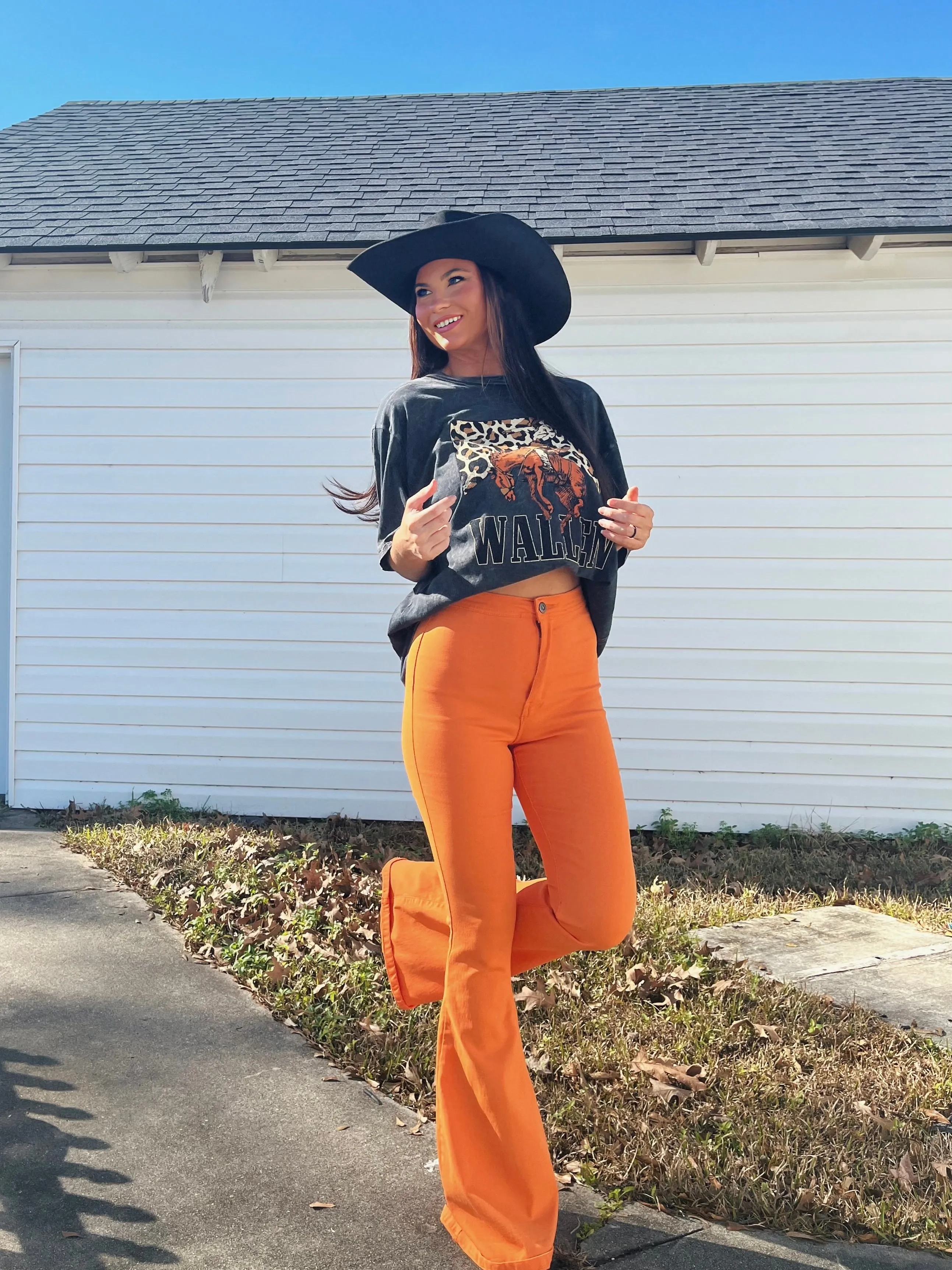 Fiona High Waisted Bell Bottom Flare Jeans - Orange