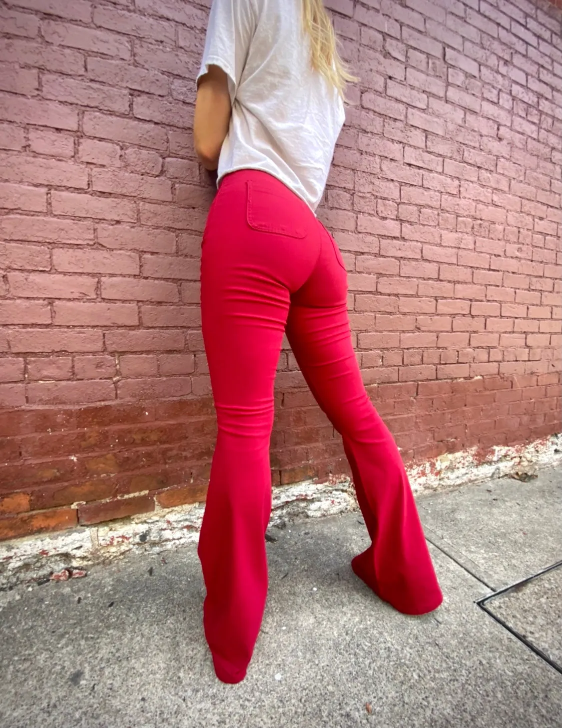 Fiona High Waisted Bell Bottom Flare Jeans - Red