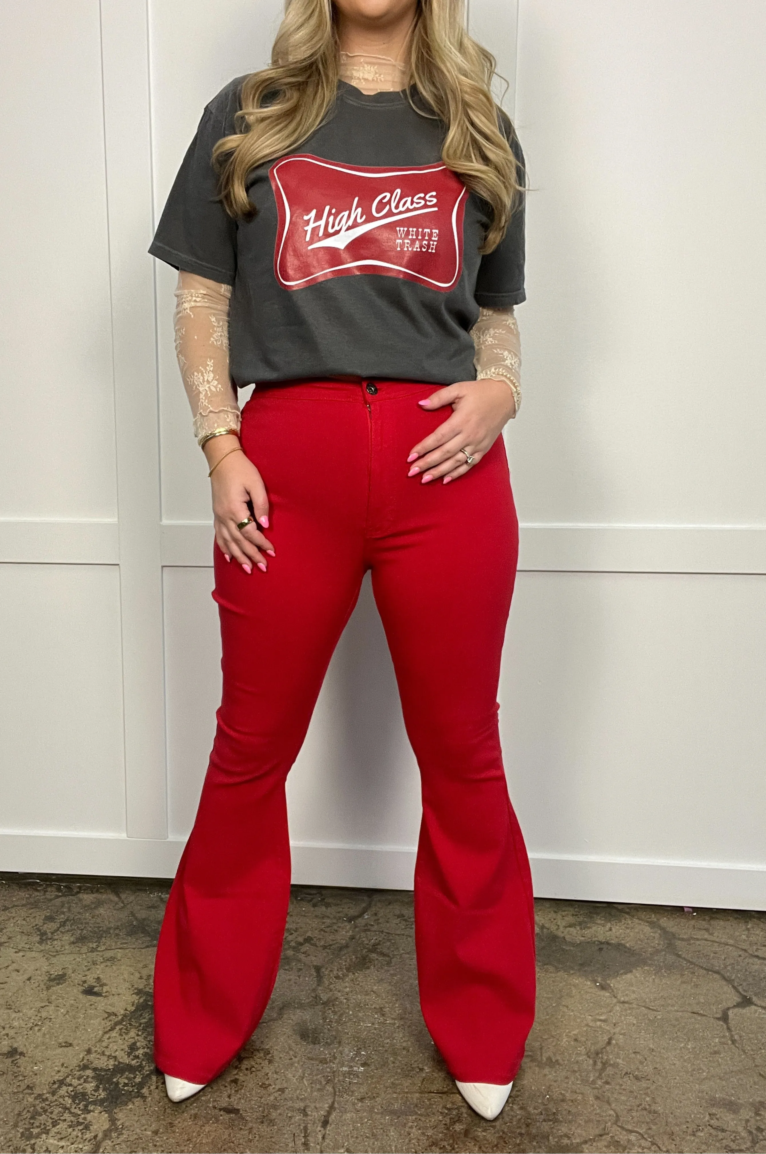Fiona High Waisted Bell Bottom Flare Jeans - Red