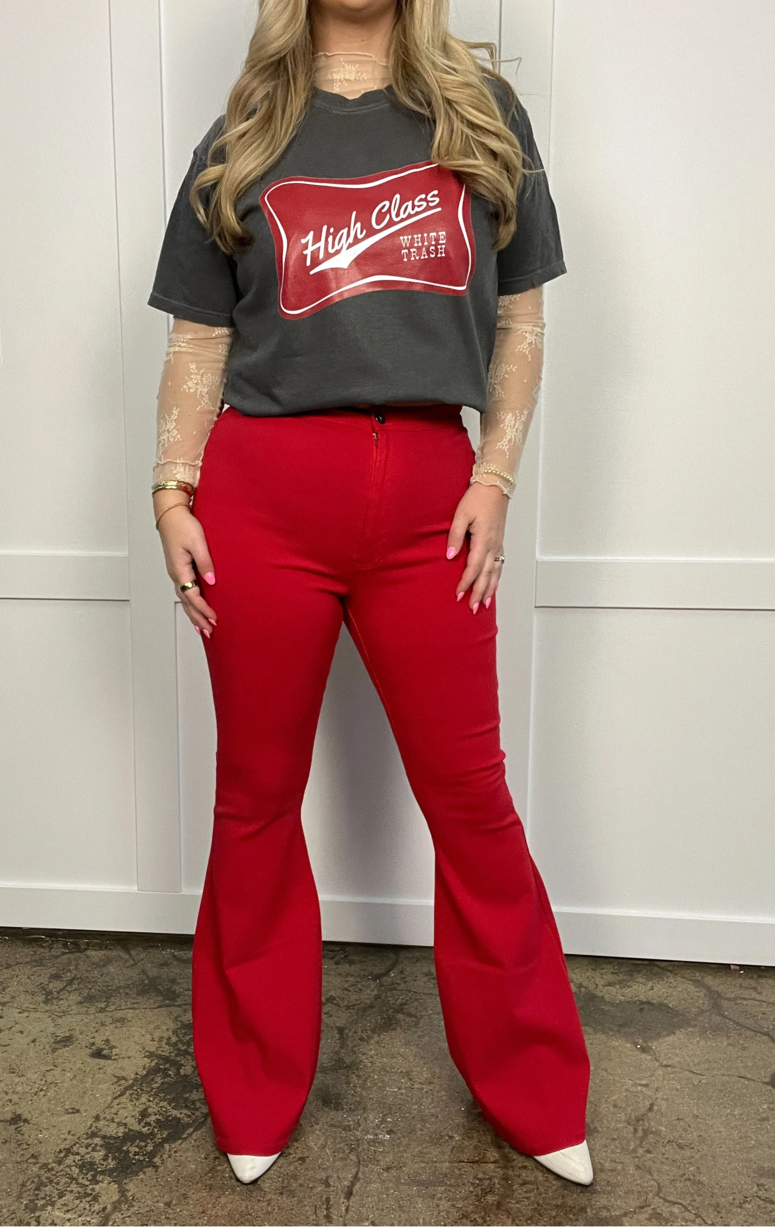 Fiona High Waisted Bell Bottom Flare Jeans - Red