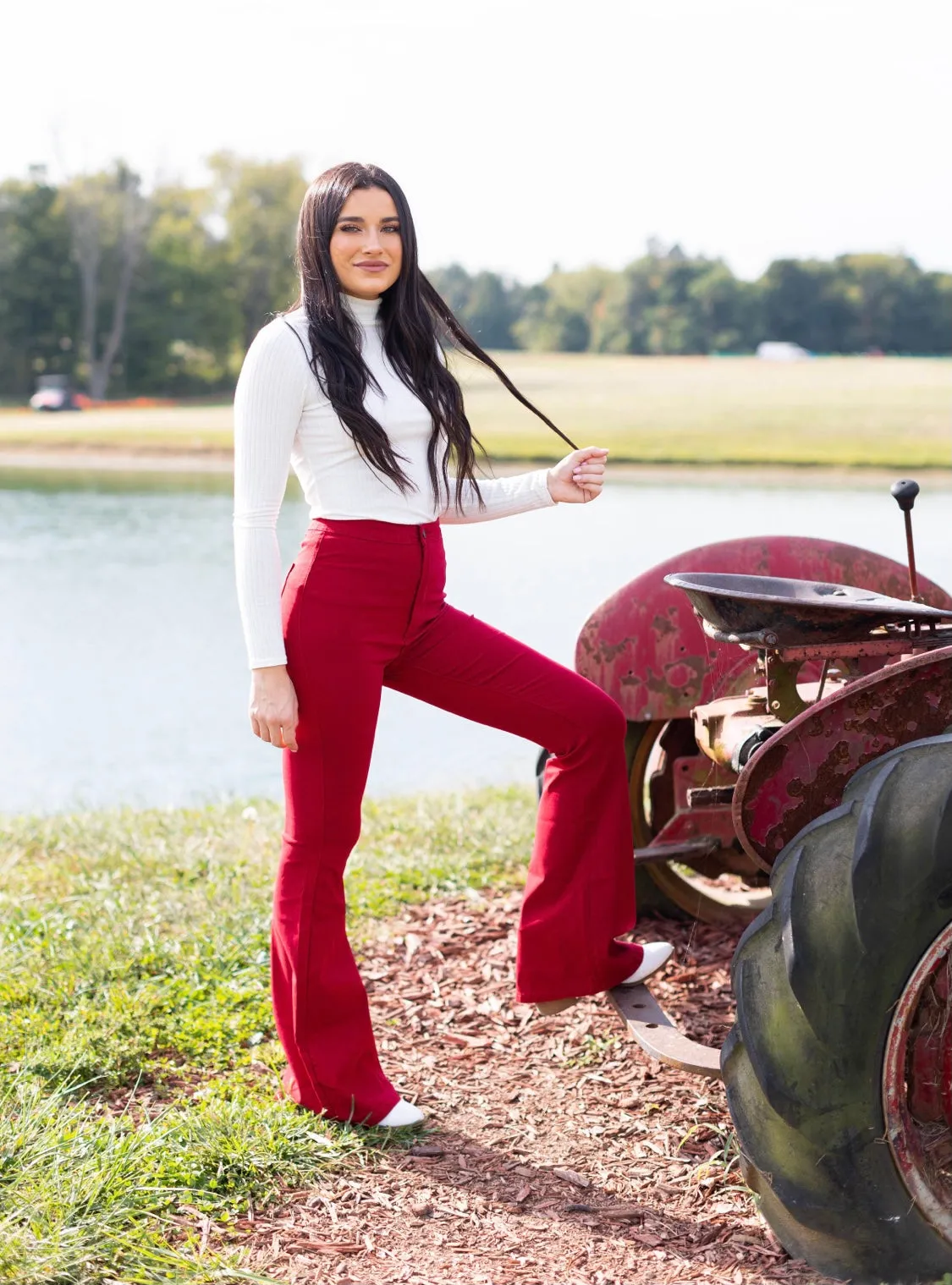 Fiona High Waisted Bell Bottom Flare Jeans - Red
